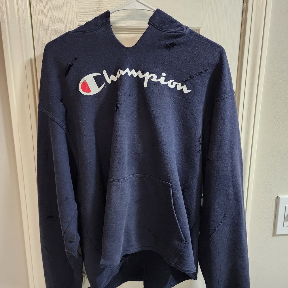 Champion Cropped Distressed Gym Navy Hoodie